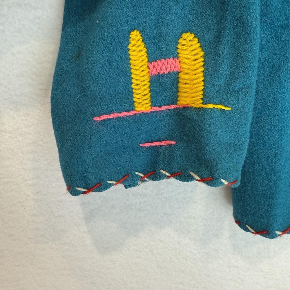 Vintage Azteca Mexican Wool‎ Souvenir Jacket Turquoise Hand Embroidered Folk Art - Picture 8 of 16